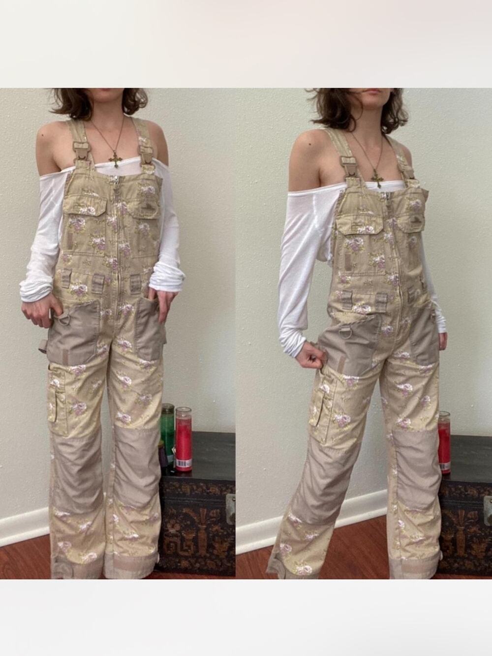 Garden Girl Tan Polka Dot Floral Gardening Utility Overalls 4 Cottagecore